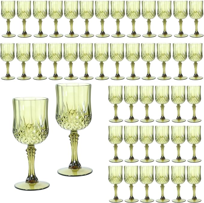 48 Pcs Plastic Green Wine Drinking Glasses, Plastic Water Goblets Green Vintage Reusable Drinkware Vintage Champagne glassware for Wedding Reception Grand Event Party, 7oz