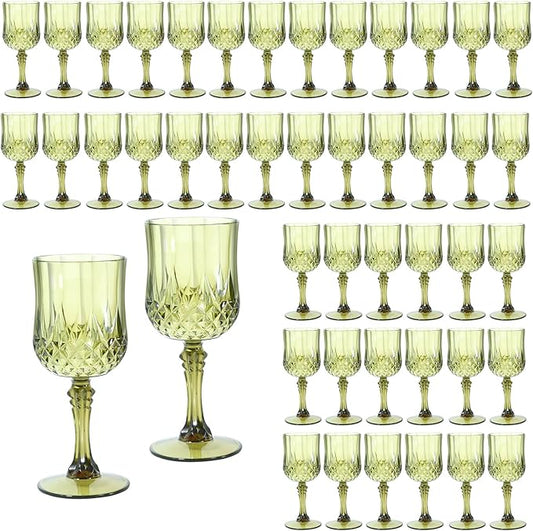 48 Pcs Plastic Green Wine Drinking Glasses, Plastic Water Goblets Green Vintage Reusable Drinkware Vintage Champagne glassware for Wedding Reception Grand Event Party, 7oz