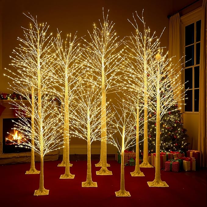 Baquler 10 Pack Lighted Birch Tree - Large Christmas Warm-White LED 8 Mode Light Birch Tree Decoration Set for Thanksgiving Holiday Fall Winter Party Decor, Indoor & Outdoor (4 5 6 7 8 ft)