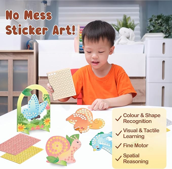 BINCA Foam Sticker Mosaic Art Activity, 750+ 3D Glitter Foam Stickers, 5 Garden Animals with Display Arch, Christmas Stocking Stuffers, DIY Mess-Free Activities, Gifts for Boys & Girls Ages 5,6,7,8
