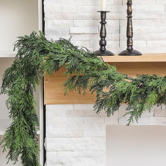 Jutom 1 Pcs 9 ft Christmas Cedar Garland Greenery Realistic Cedar Pine Needles Garland Artificial Decoration for Table, Mantel, Wall, Home Winter Holiday Party Decor
