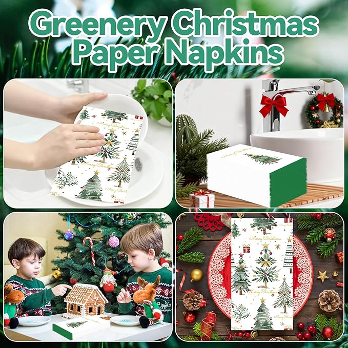 100 Pack Christmas Dinner Paper Napkins, Disposable Christmas Paper Hand Towels for Bathroom, Dinner, Kitchen & Xmas Holiday Party Supplies Xmas Guest Napkins Table Decor