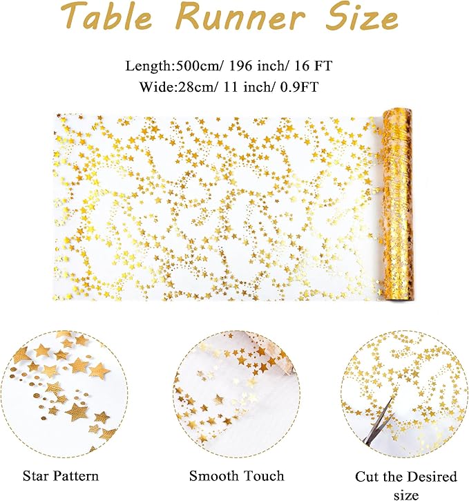 YATOJUZI Gold Table Runner,16 Ft Golden Star Sheer Chiffon Tulle Table Runner,Sequin Glitter Metallic Foil Gold Table Decorations Centerpiece for Wedding Birthday Christmas Party