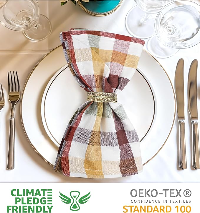 Urban Villa Cloth Napkins Harvest Checks Dinner Napkins Set of 12 20X20 100% Cotton Absorbent Washable Durable Reusable Cloth Napkins Ideal for Farmhouse Party Thanksgiving Harvest Fall Dinner Napkins