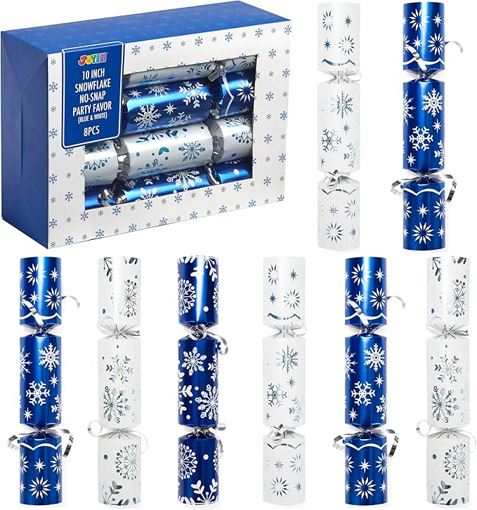 JOYN 8 Pack Christmas Non-Snap Party Table Favor with Blue & White Snowflake Design, with Party Hat, Joke & Little Gift Inside, for Xmas Gift, Christmas Seasonal Holiday Dinner Traditions