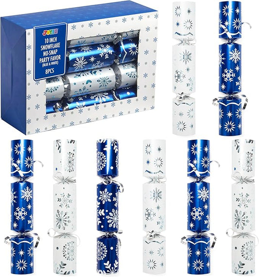 JOYN 8 Pack Christmas Non-Snap Party Table Favor with Blue & White Snowflake Design, with Party Hat, Joke & Little Gift Inside, for Xmas Gift, Christmas Seasonal Holiday Dinner Traditions