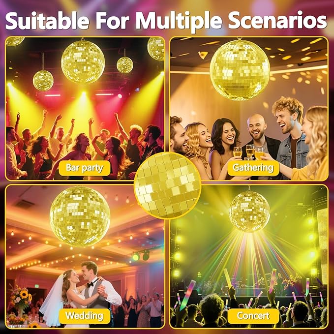 Classic Mirror Ball for Disco, 12"/16"/20" Mirror Disco Ball with Hanging Ring for DJ Club Party Live Wedding Stage Lighting Home Decor Golden 20Inch