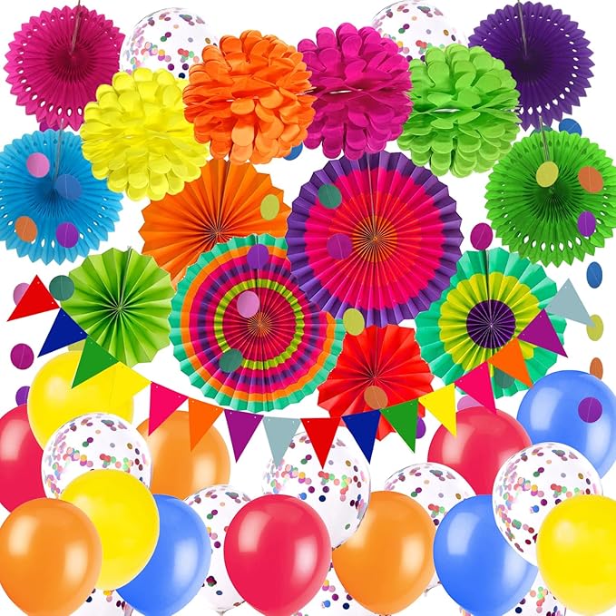 ZERODECO Party Decoration, Multi-colored Paper Fans Pom Poms Flowers Garlands Confetti Latex Balloons String Polka Dot Triangle Bunting Flags for Birthday Cinco De Mayo Fiesta Mexican Party