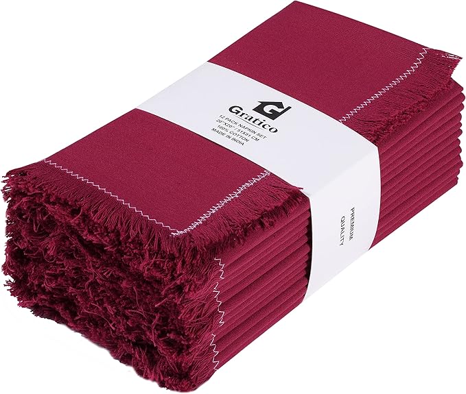 Dinner Cloth Napkins Set of 12, Premium Soft Cotton 20x20 Inches, Highly Absorbent, Hotel Quality Reusable & Washable Dinner Napkins with Fringe Corner Napkins for Home & Weddings - Burgundy