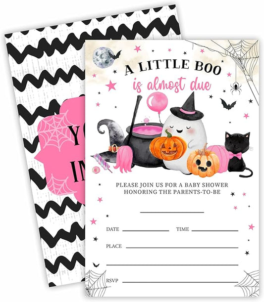25 Halloween Baby Shower Invitation Cards, A Little Boo Is Almost Due, Adorable Halloween Elements Invites With Envelopes, Gender Reveal, Baby Announcement Party Favor & Supplies (Pink A08)