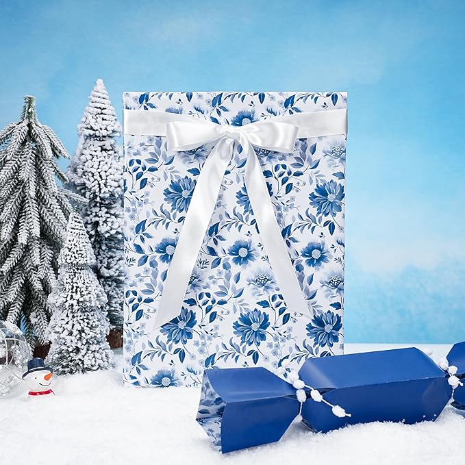 LaRibbons Reversible Blue Floral Wrapping Paper Roll, 17 Inch x 33 Feet (46.7 Sq. Ft), Blue White Peony Design Chinoiserie Gift Wrap for Wedding, Bridal Shower & Birthday