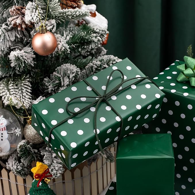 Yarcony Polka Dots Reversible Wrapping Paper Roll - 17 Inch x 33 Feet - Classic Green and White Christmas Polka Dot Holiday Winter Themed Wrapping Paper for Holiday, Birthday, Party, St. Patrick's Day