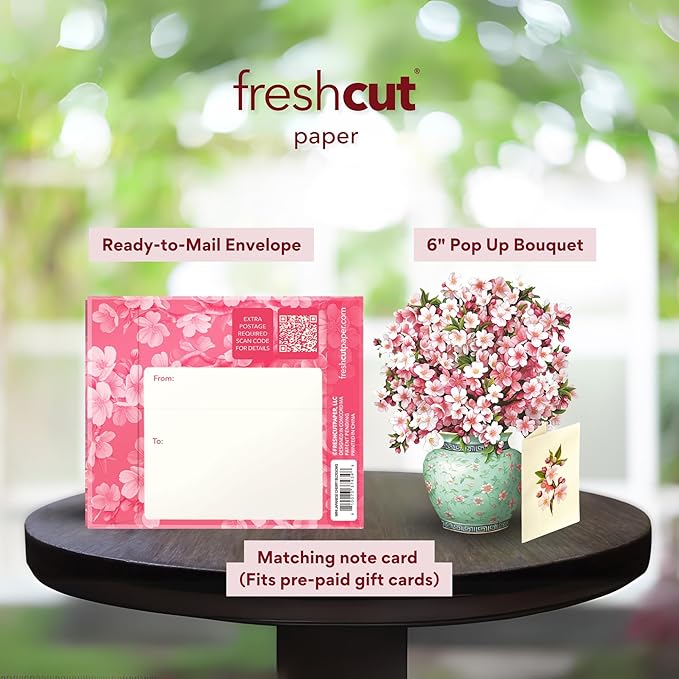 Freshcut Paper Pop Up Cards, Mini Cherry Blossoms, 6 Inch Mini Sized Forever Flower Bouquet 3D Popup Greeting Cards, Birthday Cards, Valentine's Day Card, Blank Notecard & Envelope