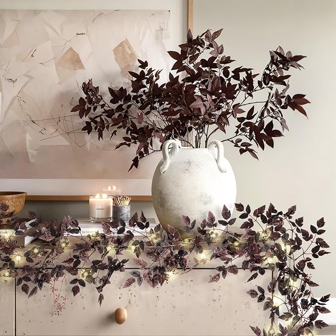 Neutral Fall Garland for Mantle Fireplace - 2 Pack 6Ft Plum Cimicifuga Seeded Leaf Garlands Purple Autumn Decor Table Decorations for Home Indoor Door Halloween Realistic Leaves Garlands Outdoor