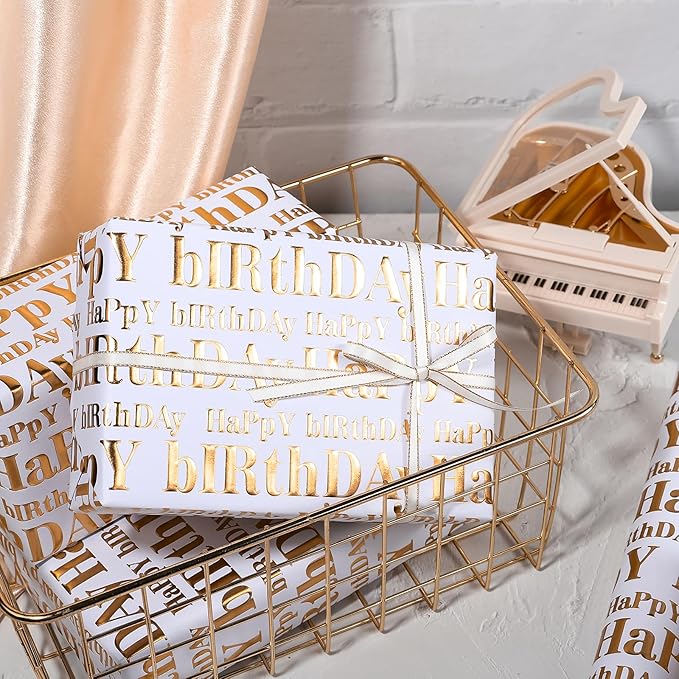 WRAPAHOLIC 3D Kraft Birthday Wrapping Paper Roll - Mini Roll - 17 Inch x 16.5 Feet - Gold and White Happy Birthday Lettering Design with Embossed Perfect for Holiday, Party Celebration