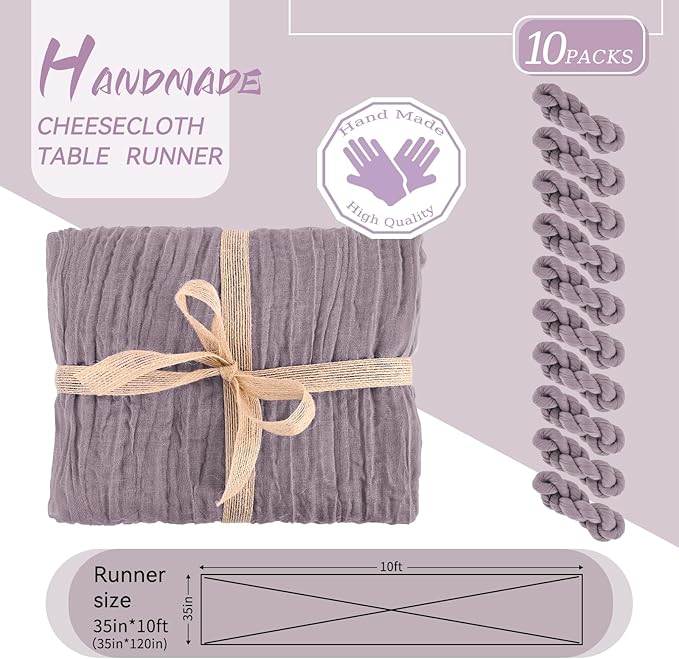 10 Packs Cheesecloth Table Runner Grape,10Ft Rustic Gauze Boho Wedding Table Runner Decoration, Wedding Table Decor Table Cloth for Wedding Party Bridal Shower Table,35x120 inch