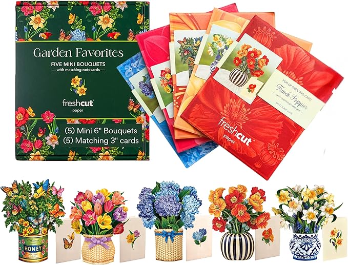 Freshcut Paper Pop Up Cards, Garden Favorites, 6 inch Mini Sized Paper Flower Bouquet 3D Popup Greeting Cards, Birthday Card, Thank You Card, Blank Notecards & Envelopes, Pack of 5