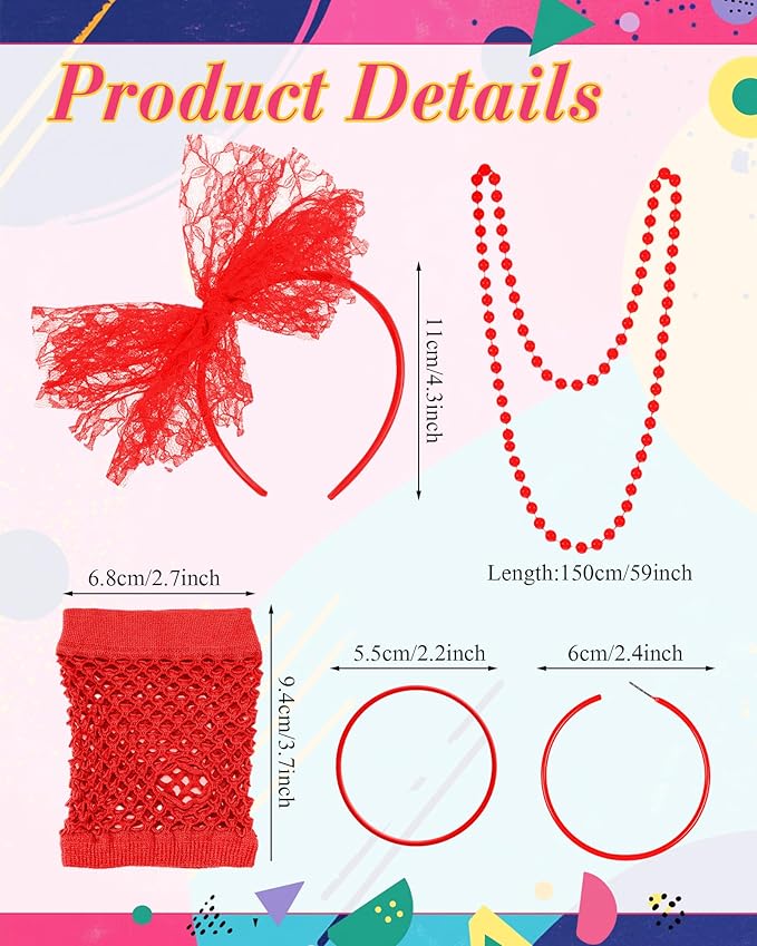 Blulu 80s Costume Accessories for Women Lace Headband Earrings Fishnet Gloves Necklace Bracelet for 80s Retro Party