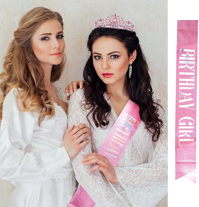VELSCRUN Birthday Tiara & Crown Set - Princess Sash, Happy Birthday Girl Tiara, Party Decorations & Gifts
