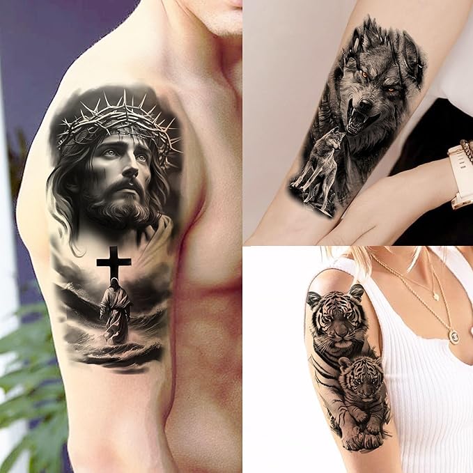 75 Sheets Skull Temporary Tattoos For Men Adults Forearm, Halloween Zeus God Lion Poseidon Half Arm Sleeve Tattoo For Women Jesus Christ Skeleton Dragon Owl, Realistic Fake Tattoo Stickers Wolf Tiger