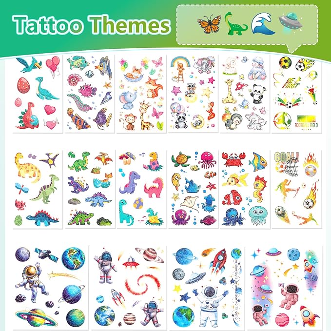 150+ Kids Glitter Temporary Tattoos for Boys – Individually Wrapped, Waterproof Tattoo Stickers – Mermaid, Dinosaur, Animal, Ocean, Space & More