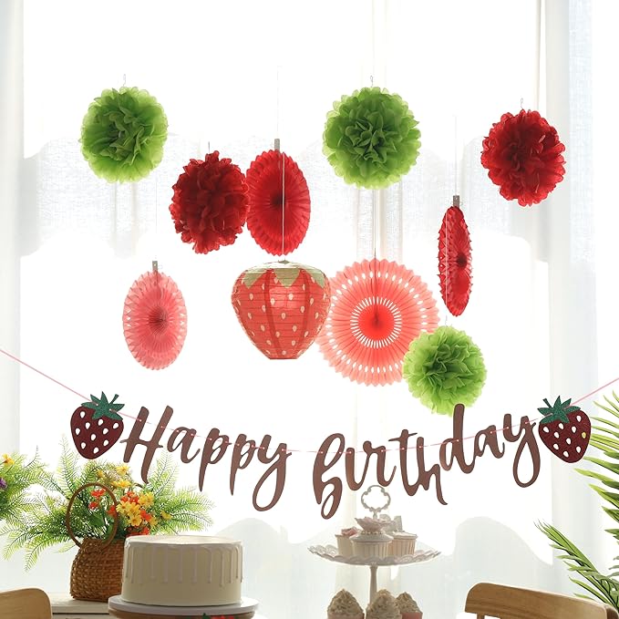 Strawberry Birthday Decorations, Strawberry First Birthday Decor with Strawberry Lantern, Red Pink White Paper Fans Hanging Decorations, Strawberry Baby Shower Decorations