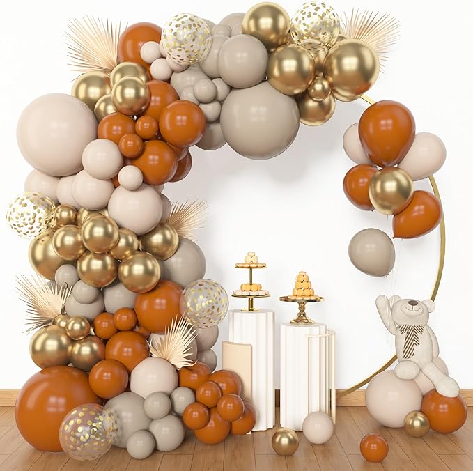 Amandir 153pcs Burnt Orange Balloon Garland Arch Kit, Different Sizes 18 12 10 5inch White Sand Nude Latex Metallic Gold Confetti Fall Thanksgiving Balloons for Baby Shower Birthday Party Decorations