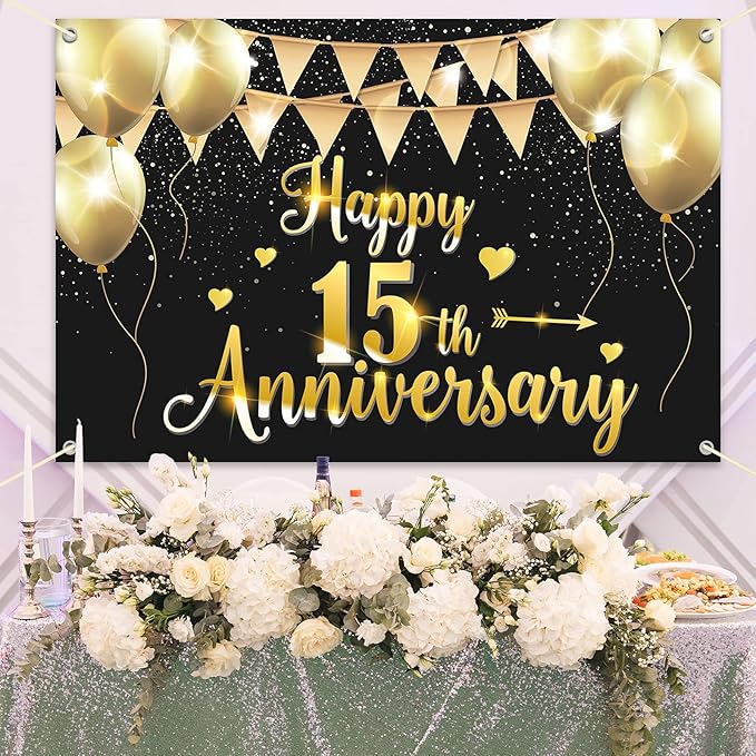 HAMIGAR 6x4ft Happy 15th Anniversary Banner Backdrop - 15 Wedding Anniversary Decorations Party Supplies - Black Gold