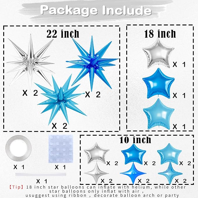 21 Pcs Star Balloons,22/18/10 Inch Star Foil Mylar Balloon,Spike Balloon and Four Pointed Balloons for Party Supplies Christmas Birthday Wedding Photo Booth (Silver Blue Light Blue)