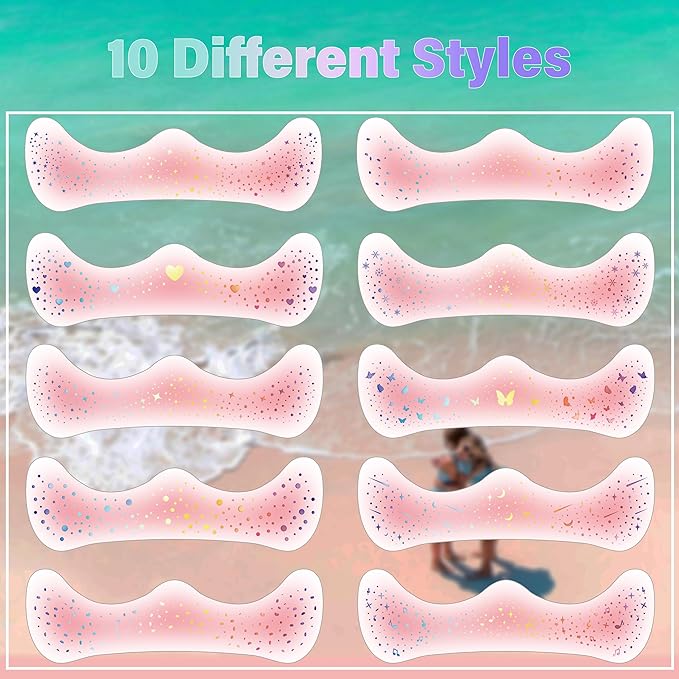 10 Pcs Holographic Multichrome Glitter Freckles Face Tattoos, 2-in-1 Rose-pink Blush and Holographic Laser Temporary Tattoos, Waterproof and Long-lasting Face Makeup Tattoos for Women and Girls