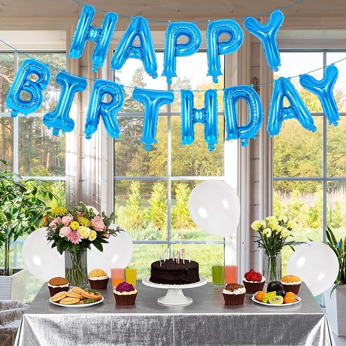 65 Pcs Blue Happy Birthday Balloons and 2 Sets A-Z Letters Foil Balloons, 16 Inch Personalized Name Happy Birthday Banners for Wedding Baby Shower Anniversary Party Decorations (Blue)