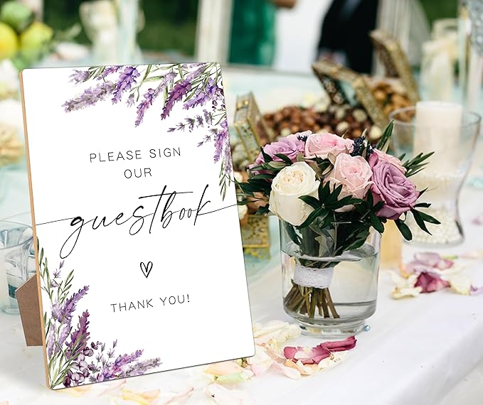Please Sign Our Guest book, Wedding Guestbook Sign, Lavender Bridal Shower Decorations, Guest Book for Party, Purple Floral Wooden Sign with Stand for Wedding Reception And Bridal Party Decor, 36
