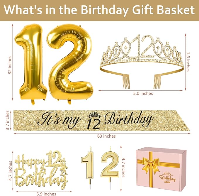 12th Birthday Decorations for Girls Gold with 12th Birthday Sash and Tiara, Candles and Cake Toppers, Number Balloons, 12 Year Old Gifts for Girl