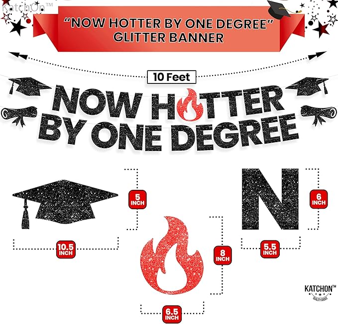 Katchon, Now Hotter By One Degree Banner-10 Feet | Congrats Grad Banner | One Degree Hotter Decorations | Graduation Backdrop |orange Graduation Decorations 2025 | Glitter Black graduation Banner
