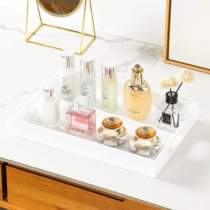 Glossy White Sturdy Acrylic Serving Tray with Handles 10x15x2H Inches -Spill Proof- Decorative Trays Countertop Organizer for Ottoman Coffee Table Nightstand, sidetable, Breakfast, Tea, Food