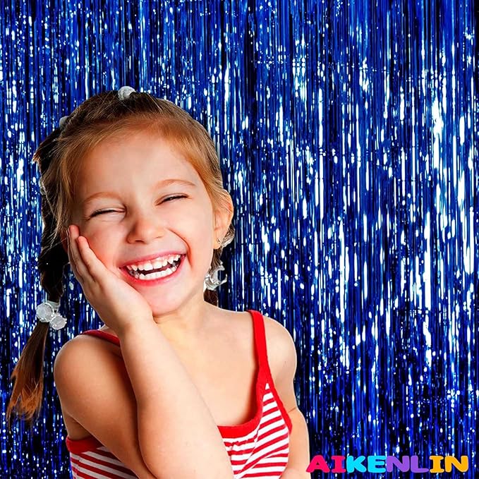 4 Pack 3.2Ft x 9.8Ft Blue Foil Fringe Curtain Backdrop, Metallic Tinsel Foil Fringe Streamers Curtains for Party, Photo Booth Props, Birthday, Wedding, Christmas Party Decoration Supplies