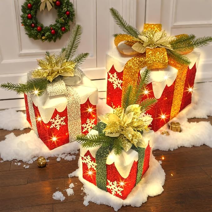 3 Pcs Christmas Lighted Gift Boxes with Bow 60 LED Battery Operated Pre-lit Present Box Decorations for Xmas Holiday Home Outdoor Yard
