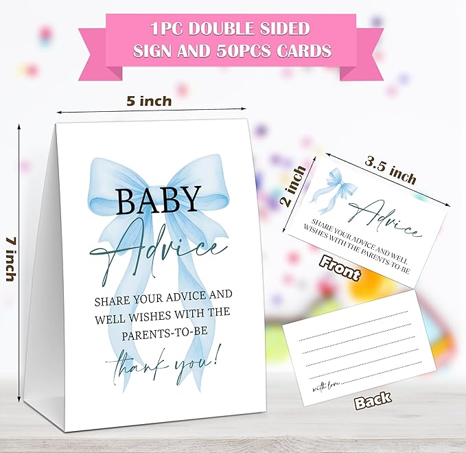 Blue Bow Baby Shower Advice for Parents To Be, Baby Shower Game, Include One 5×7 Sign and 50 Advice Cards, Blue Coquette Bow Gender Reveal Party Decoration Supplies - FH02