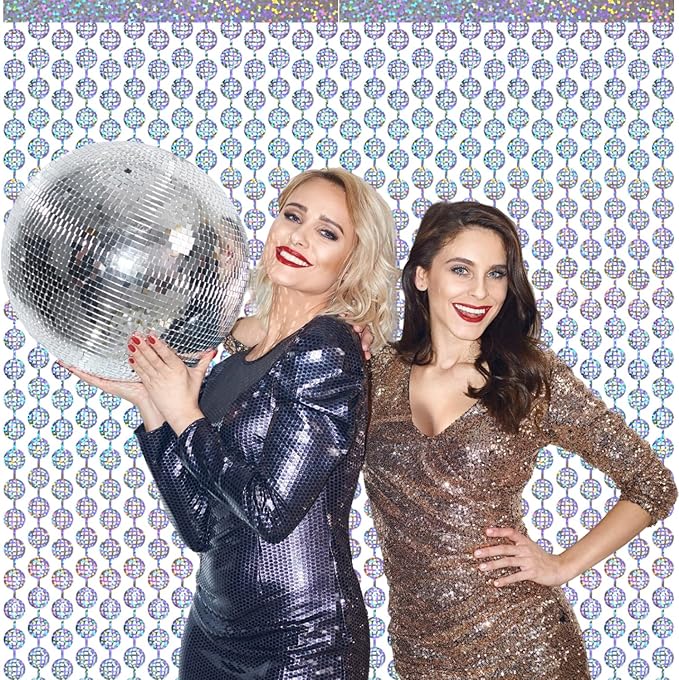 GOER Foil Curtain Backdrop for Birthday Party | Metallic Tinsel Photo Booth Props for Bachelorette Party | New Year Eve,Graduation Party Decorations (Silver Disco Ball, 2 Count (Pack of 1))