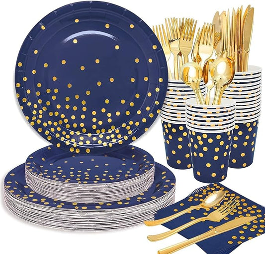 175PCS Blue Plates and Napkins Party Supplies, Blue and Gold Party Decorations Serve 25 Guests - Royal Blue Paper Plates for Birthday 2025 Graduation Party Decorations