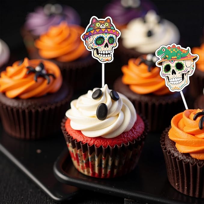 48PCS Halloween Skull Cup Cake Topper, 8 Design Paper Cake Gillter for Horror Theme Party,Birthday Bupcake Topper for Halloween Party Decoration