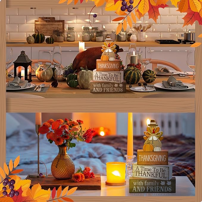4 Pcs Thanksgiving Decoration for Home Wooden Turkey Decor Thanksgiving Table Centerpiece Fall Tiered Tray Decor Rustic Decorative Turkey Block Signs Gift for Home Kitchen Shelf
