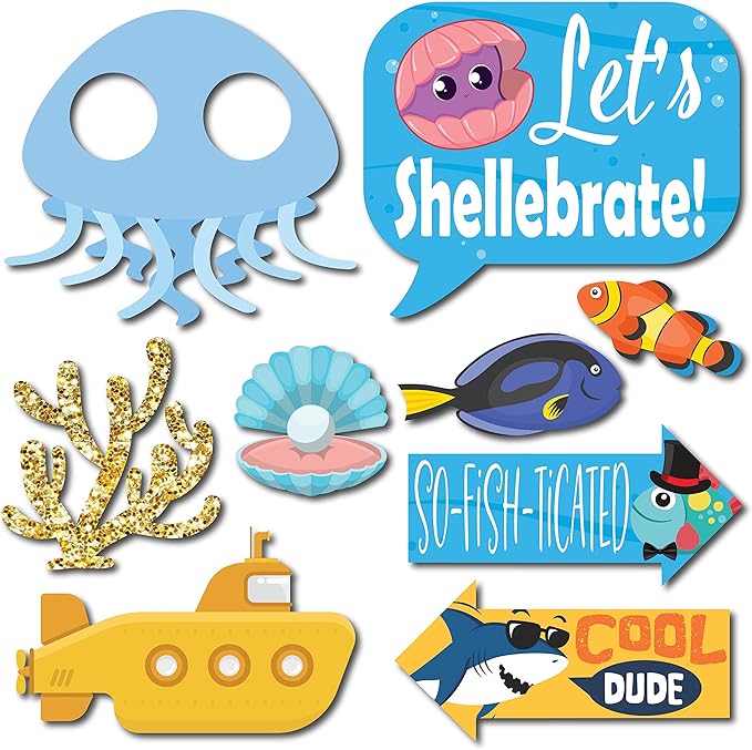 Under The Sea Photo Booth Props - 41-pc Photobooth Kit with 8 x 10-Inch Sign, 60 Adhesive Pads, 45 Sticks - Under The Sea Decorations - Under The Sea Party Decorations