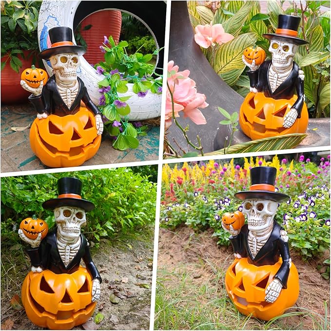 Halloween Solar Skeleton Pumpkin Lights Decor, Led Jack-O-Lantern Pumpkin Skulls Statue Figurine Light for Outside Garden Yard Porch Halloween Party & Home Indoor Outdoor Decorations