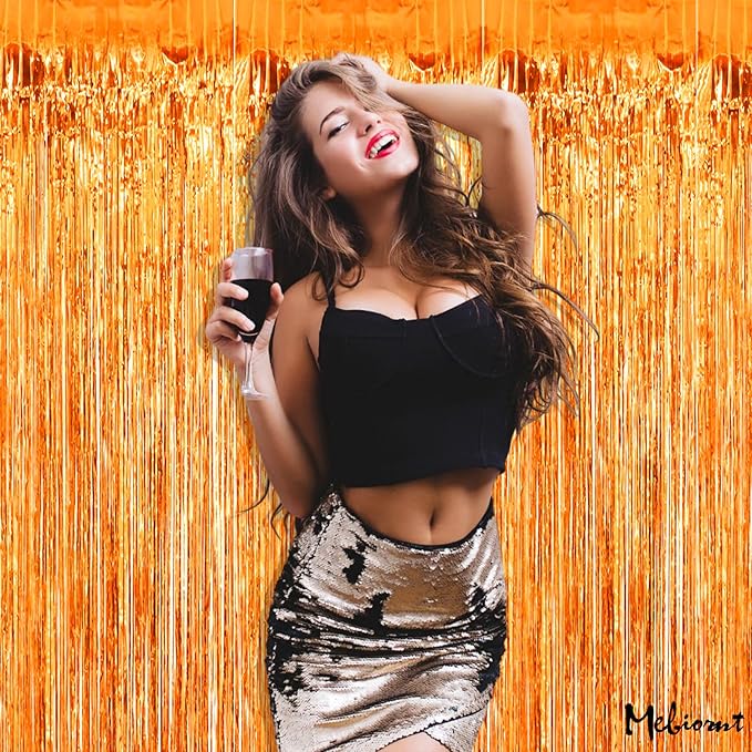 4 Pack Orange Fringe Curtain Backdrop, 3.2Ft x 9.8Ft Metallic Tinsel Foil Fringe Streamers Background for Photo Booth Birthday Wedding Baby Shower Carnival Easter Mother’s Day Party Decorations