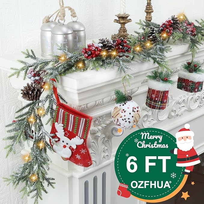 6 FT Christmas Garland with Lights - Pre-Lit Artificial Christmas Garland, Flocked Garland with Red Berries Pine Cones for Decoration, Mantle Stairs Railing Home Xmas Decoration Indoor