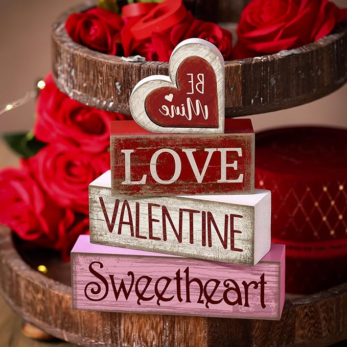 4 Pcs Valentine Table Decor Wooden Red Love Decoration, Valentine's Day Be Mine Centerpiece, Valentine Tiered Tray Decor Red Heart Block Signs Gift for Farmhouse Home Kitchen