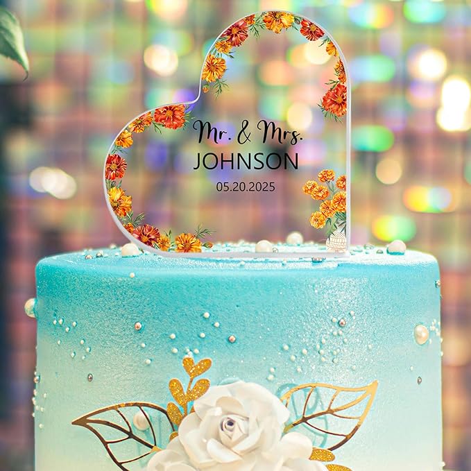 Custom Wedding Heart Acrylic Plaque,Mr & Mrs Cake Topper,Personalized Wedding Keepsake/Gift/Sign (Style 17)