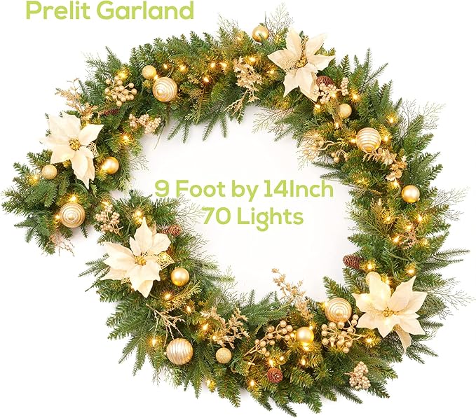 9Ft Christmas Garland Prelit with Gold Berries and Balls,Flower and 50 Lights Plug in,Holiday Decoration Fireplace Stairs Mantle Door Indoor Outdoor