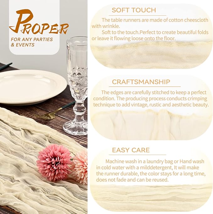 5 Packs 10Ft Ivory Cheesecloth Table Runner, 35" x 120" Rustic Gauze Boho Wedding Table Runner Decorations, Wedding Table Decor Table Cloth for Wedding Party Bridal Shower Table